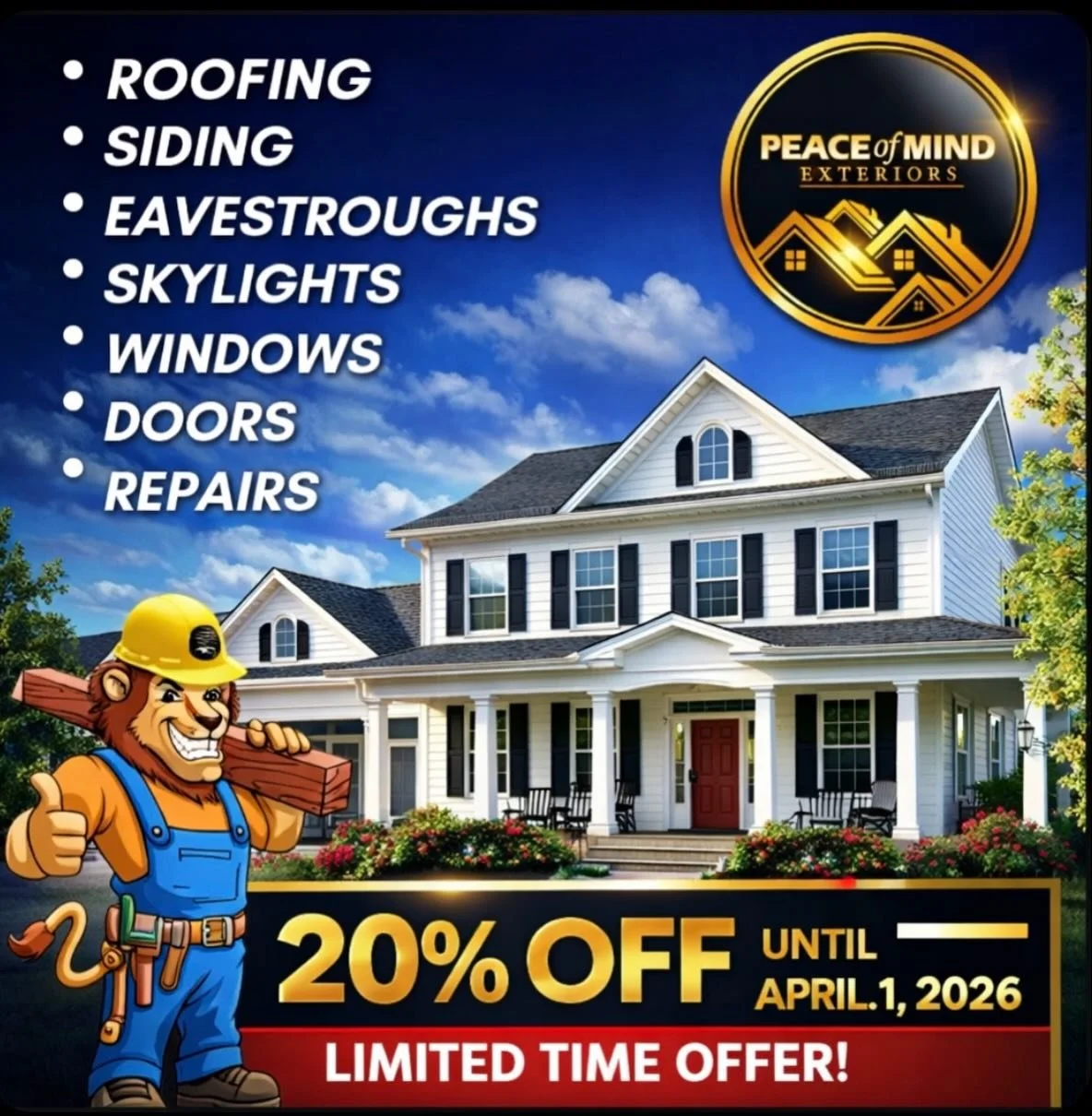 🏠✨ LIMITED TIME &ndash; 20% OFF EXTERIOR RENOVATIONS! ✨🏠

Your home deserves strength. Protection. And real peace of mind.

From roofing and siding to windows, doors, and repairs &mdash; our team delivers premium workmanship backed by warranty acro