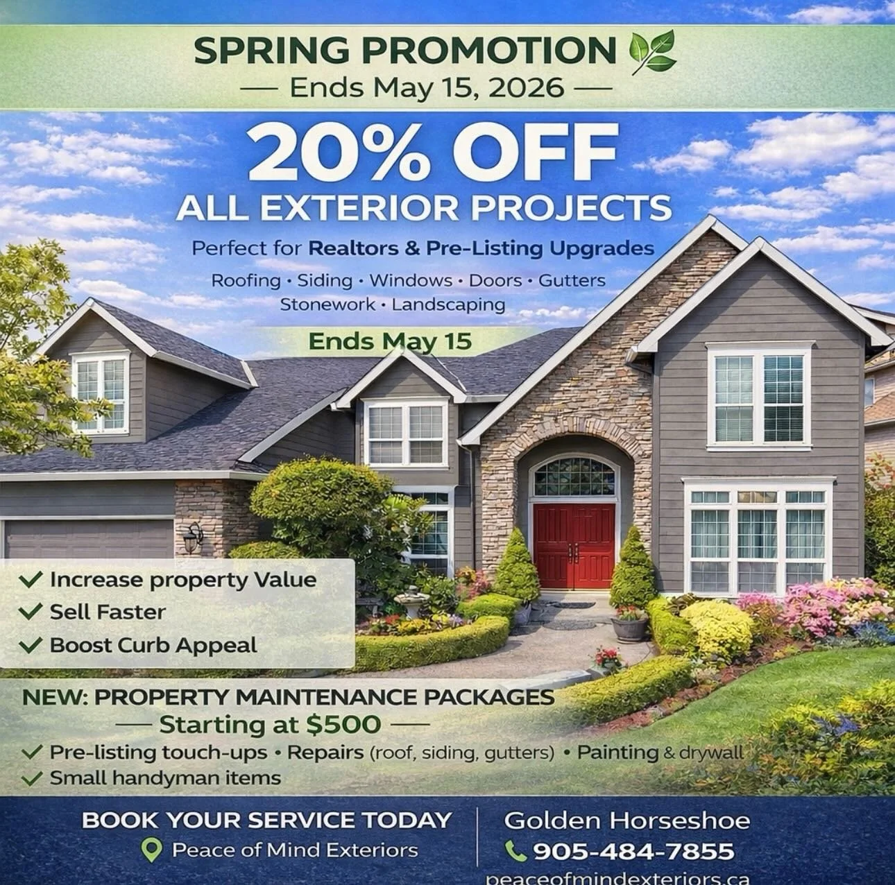 🏡 Looking for exterior home improvements?

Now&rsquo;s the perfect time to upgrade your home or get your listing market-ready 🌿

🔥 20% OFF ALL EXTERIOR PROJECTS
📅 Offer ends May 15, 2026

Peace of Mind Exteriors provides a seamless, stress-free p
