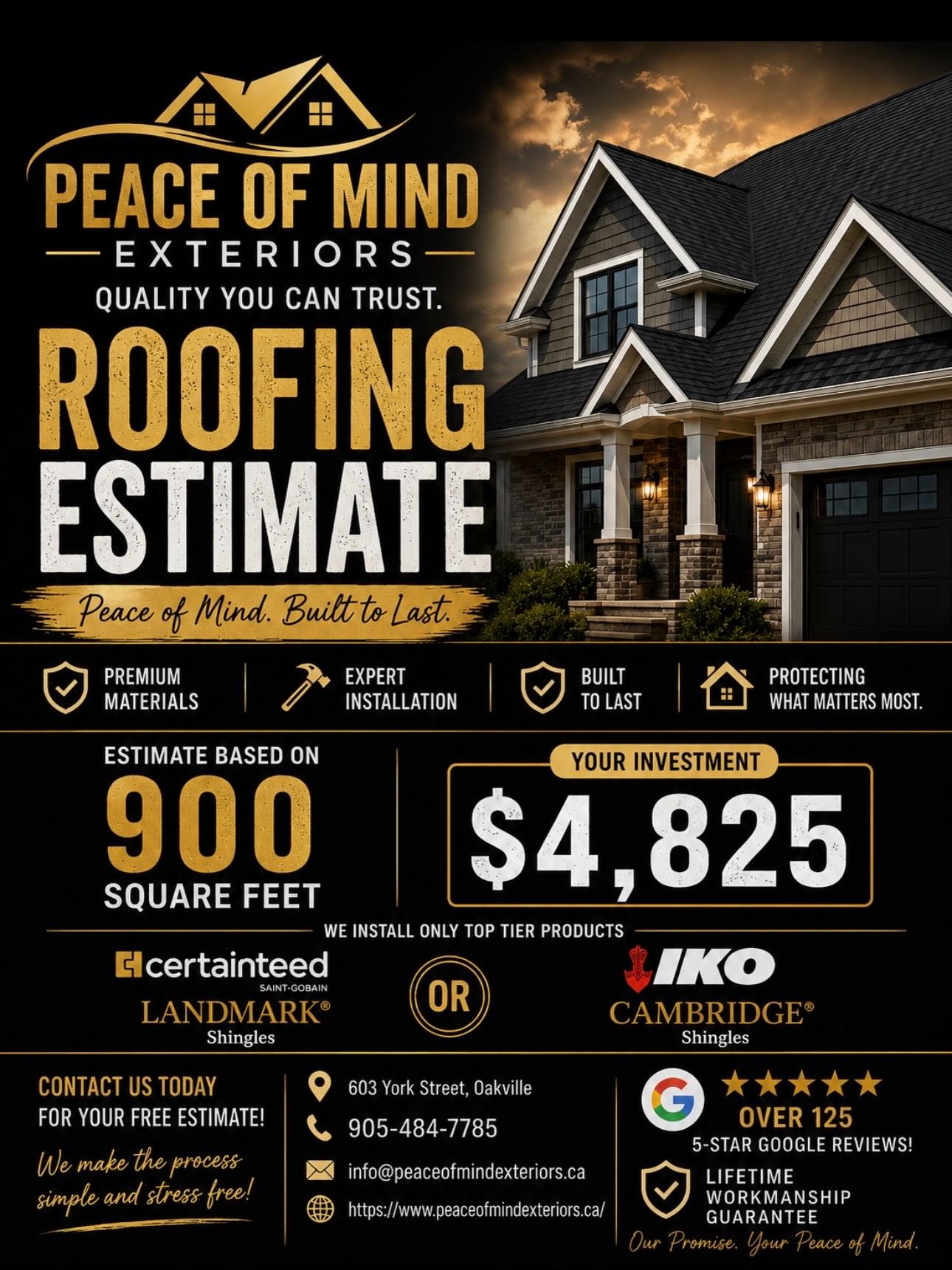 🏠 READY FOR A NEW ROOF?

Protect your home with a complete roofing system installed by the professionals at Peace of Mind Exteriors.

✅ CertainTeed Landmark &amp; IKO Cambridge Shingles
✅ Ice &amp; Water Shield Protection
✅ Synthetic Underlayment
✅ 