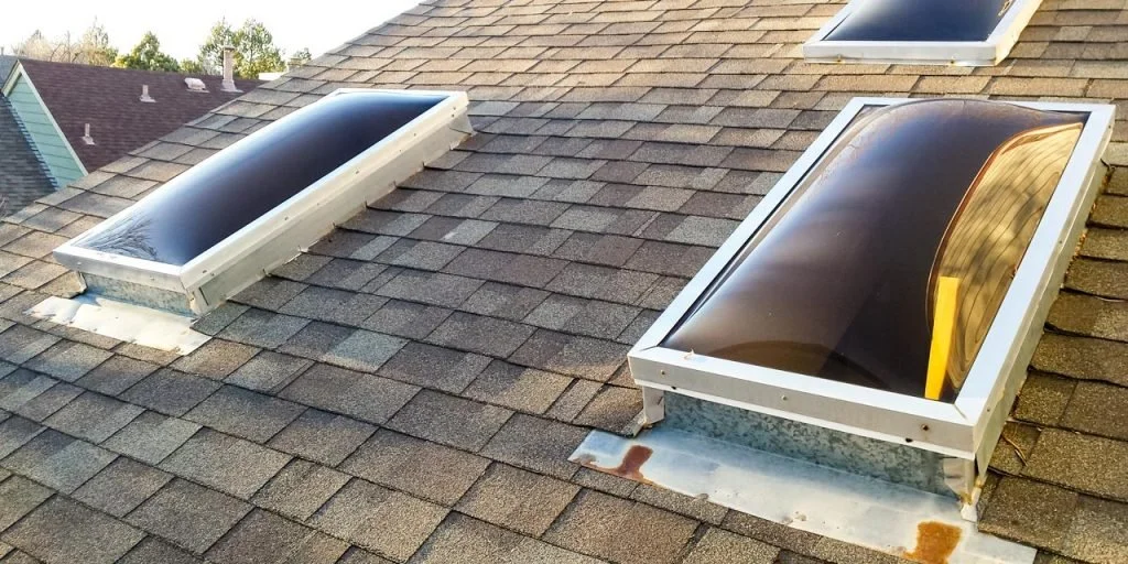 Two rectangular skylights with curved glass on a shingled rooftop.