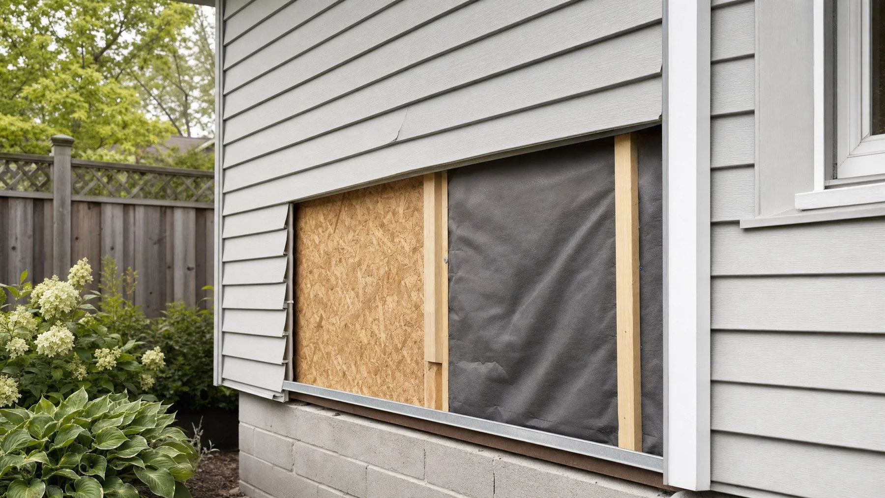 Section of grey vinyl siding removed from a house wall, exposing wood sheathing and the water resistive barrier beneath