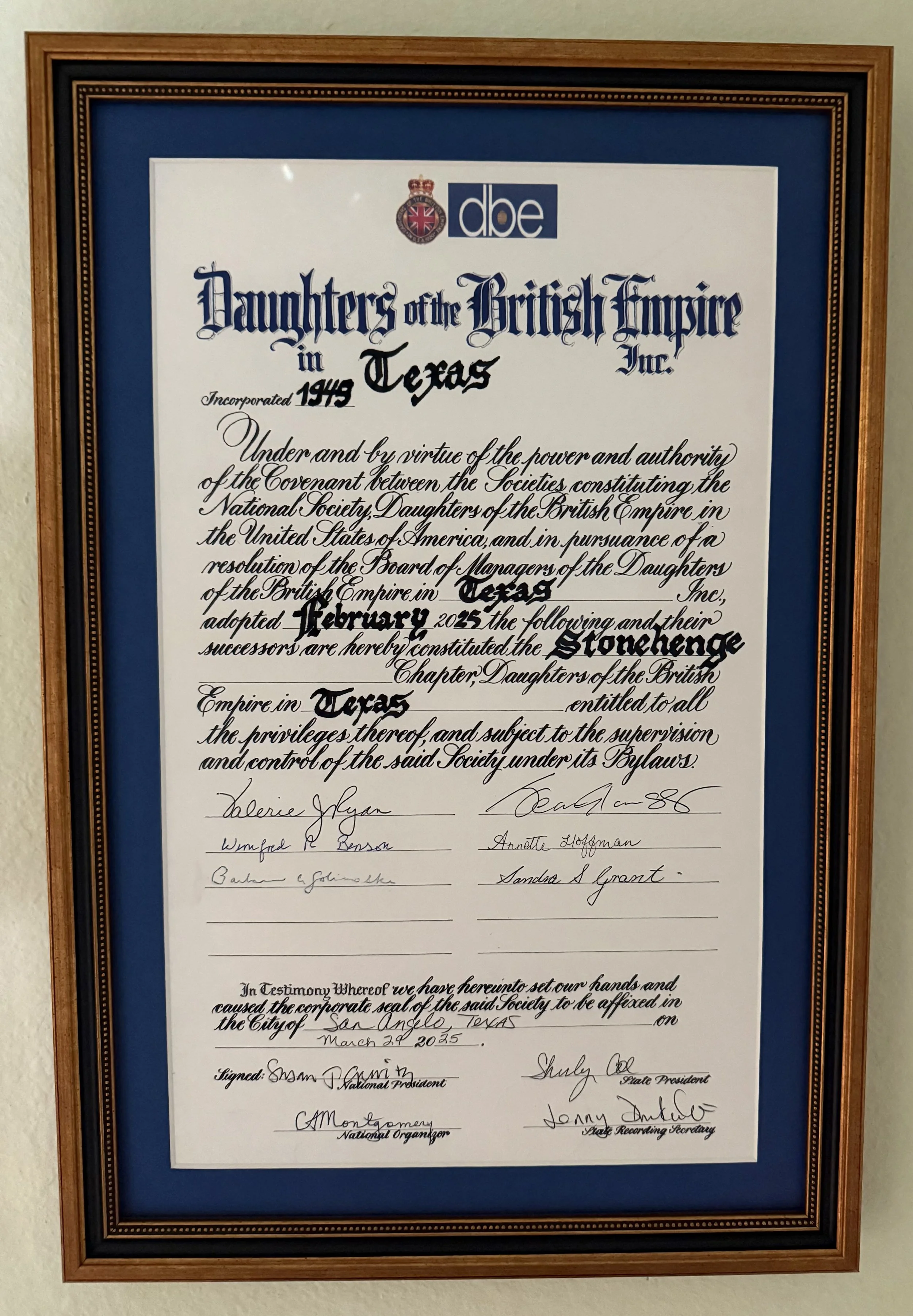  our signed and framed Chapter charter 