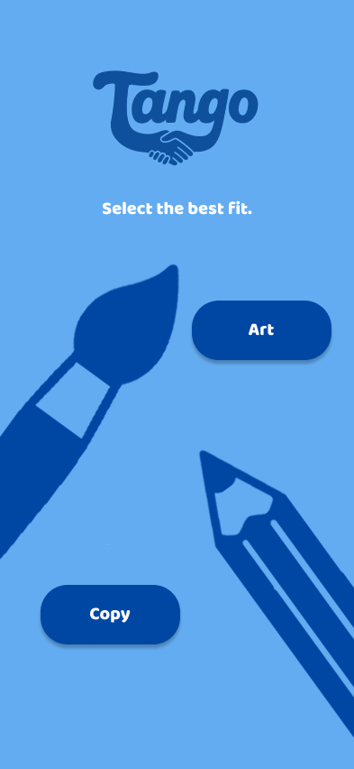 Mobile app screen with blue background displaying the logo 'Tango' with two hands shaking, with options to select 'Art' or 'Copy', and illustrations of a paintbrush and a pencil.