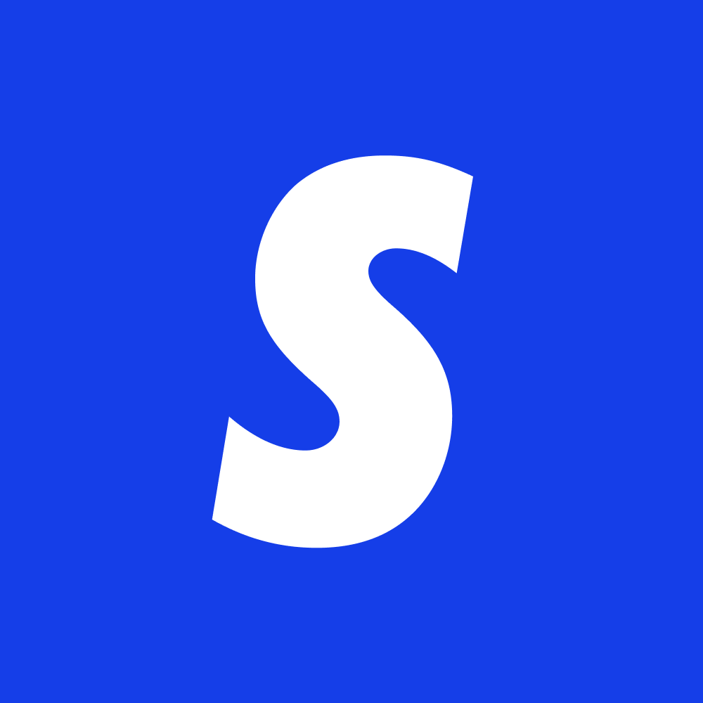 A blue background with a large white letter 'S' in the center.