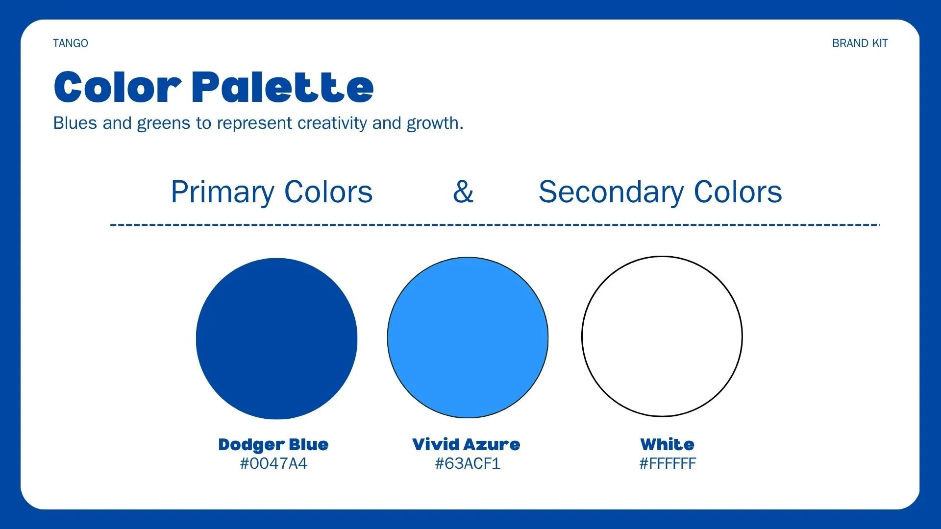 Color palette chart with primary and secondary colors. It features three circles: Dodger Blue with hex code #0047A4, Vivid Azure with hex code #63ACF1, and White with hex code #FFFFFF. The chart indicates blues and greens for creativity and growth.