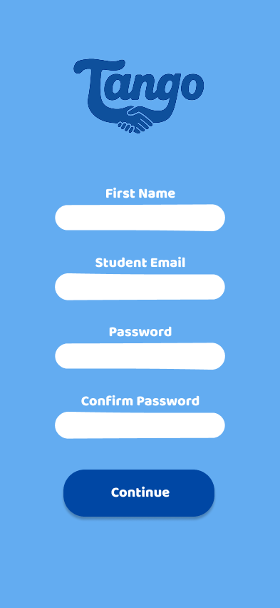 Registration screen for an app called Tango, with fields for first name, student email, password, confirm password, and a blue continue button.
