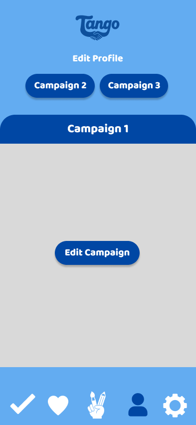 Mobile app screen titled 'Tango' with options to edit profile, view campaign 1, campaign 2, campaign 3, and edit campaign, with navigation icons at the bottom.