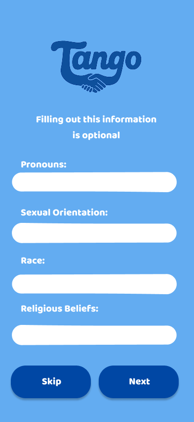 Screenshot of a mobile app form titled "Tango" with optional fields to fill out personal information including pronouns, sexual orientation, race, and religious beliefs, with skip and next buttons at the bottom.
