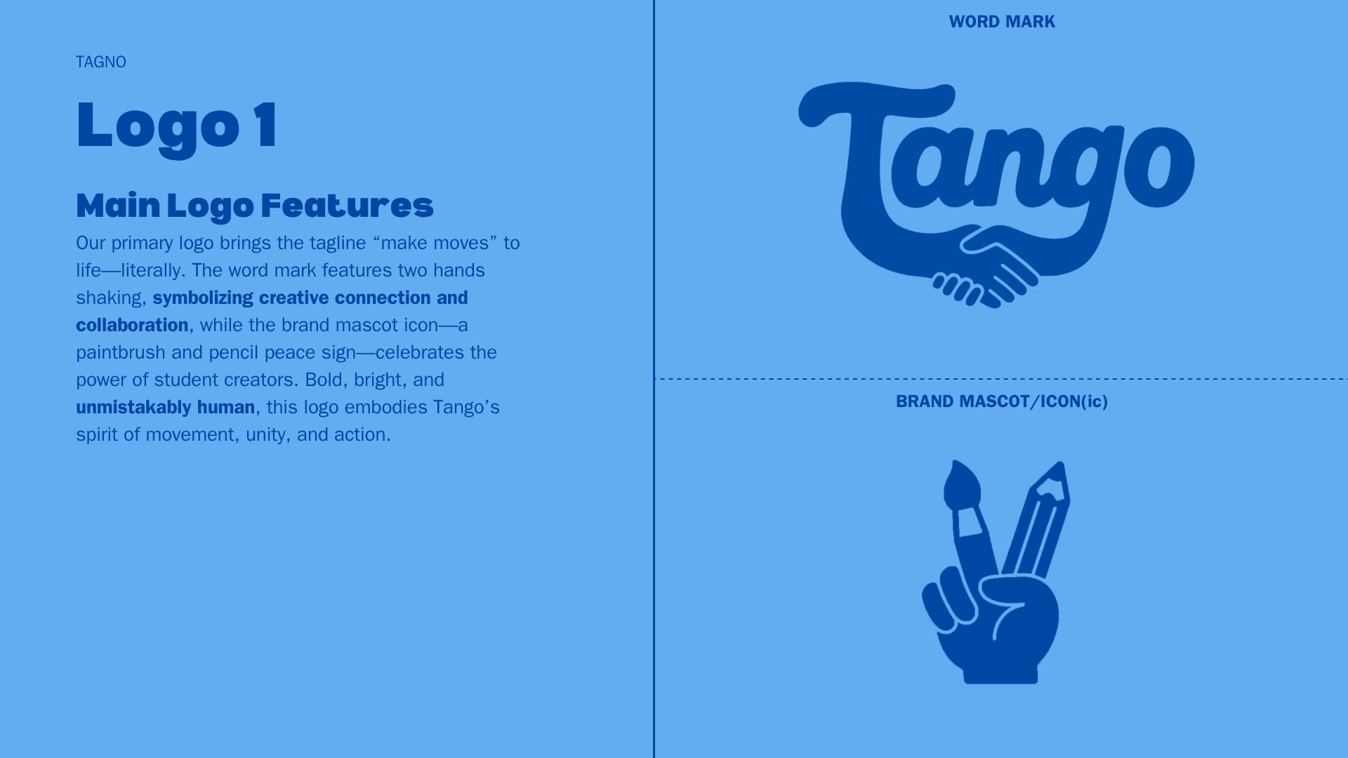 Design board with blue background presenting the logo concept for 'Tango'. The left side features a text description of the logo's main features, emphasizing creative connection and collaboration, with the title 'Logo 1' and the tagline 'make moves'. The right side displays the word 'Tango' written in a cursive font above a stylized icon of two hands shaking, and a hand holding art supplies (paintbrush and pencil) below, labeled as 'BRAND MASCOT/ICON'.