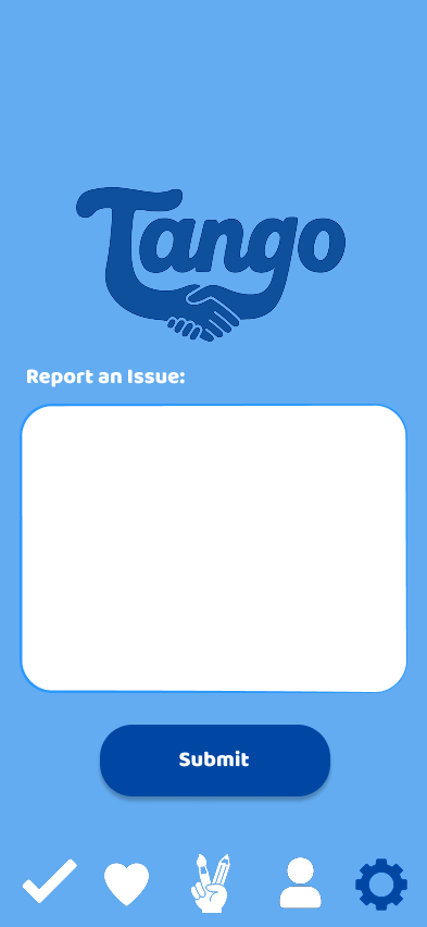 Mobile app screen with a blue background, displaying a logo with the word 'Tango' and a handshake icon. Below, there's a section labeled 'Report an Issue' with an empty white text box, a blue submit button, and icons at the bottom for home, favorites, writing, profile, and settings.