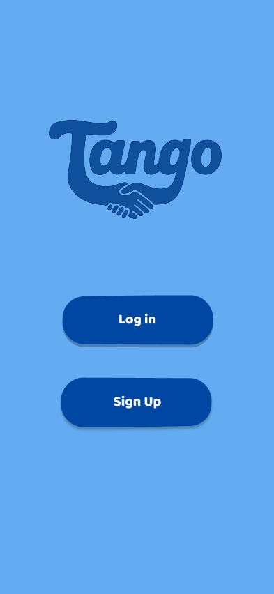 Mobile app login screen with a blue background, app logo with handshake and the word 'Tango', and buttons for 'Log in' and 'Sign Up'.