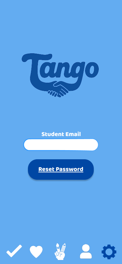 Tango app login screen with a logo, student email input field, reset password button, and navigation icons at the bottom.