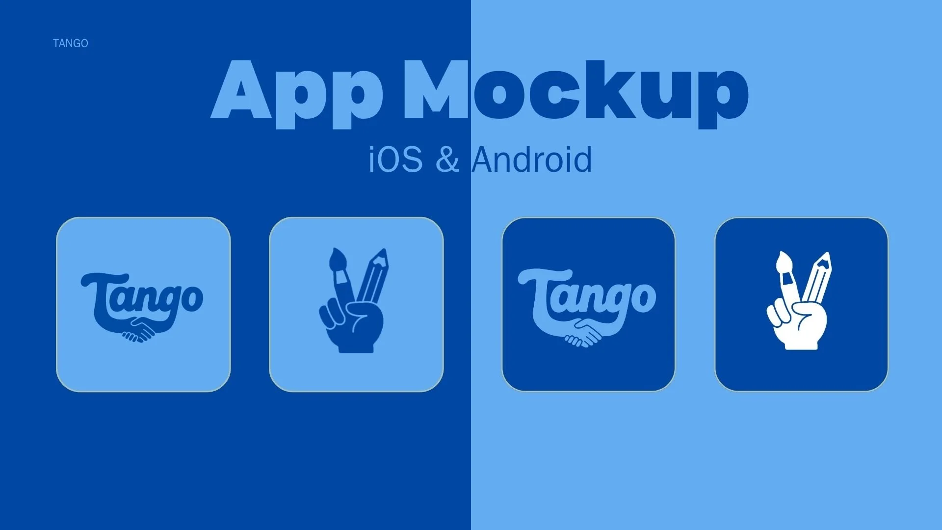 Mockup of an app interface for iOS and Android, with four icons: two with the word "Tango" and handshake logos, and two with a hand holding a paintbrush and pencil.