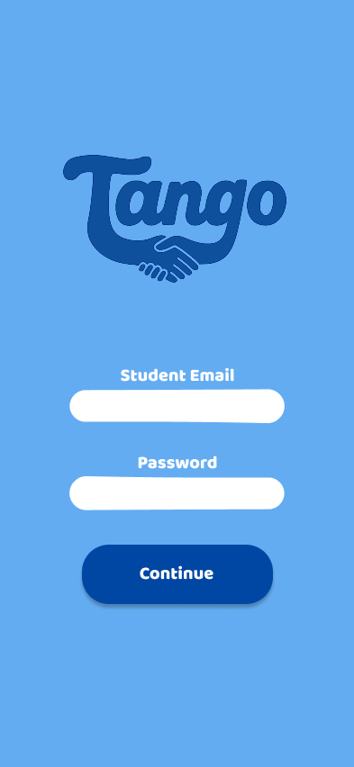 Mobile app login screen for Tango with fields for student email and password and a continue button