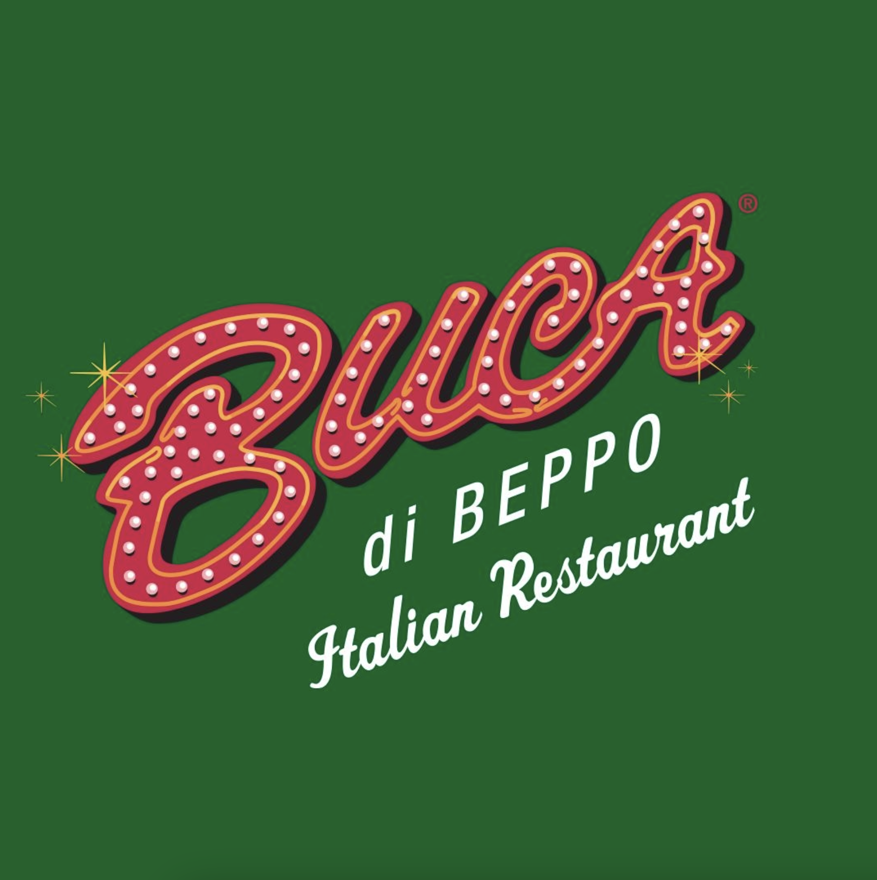 Bright green background with the word 'Buca' in red with white lights, and the words 'di BEPPO Italian Restaurant' in white cursive below.