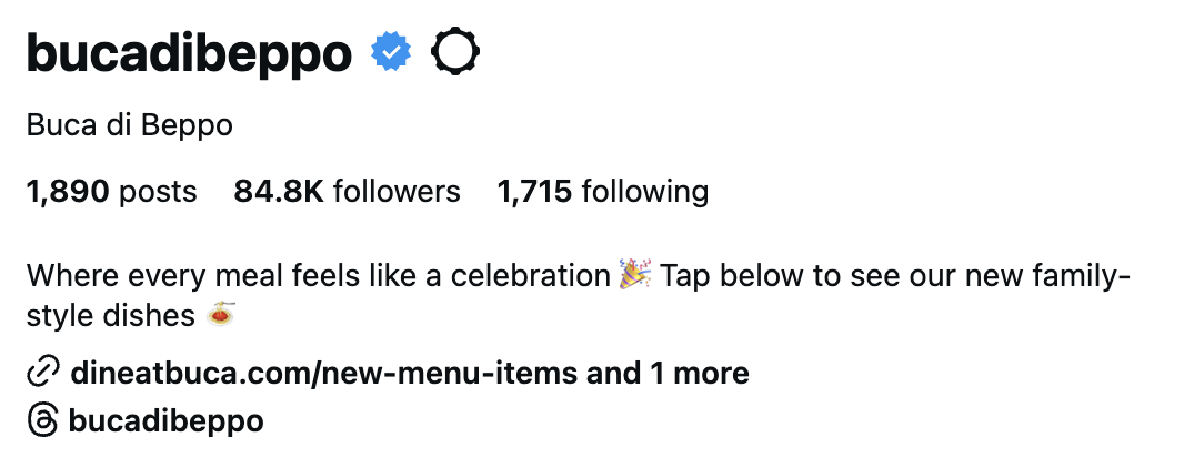 Screenshot of Bucadibeppo Instagram profile showing 1,890 posts, 84.8K followers, and 1,715 following. The profile's bio mentions celebrating every meal and links to their menu.