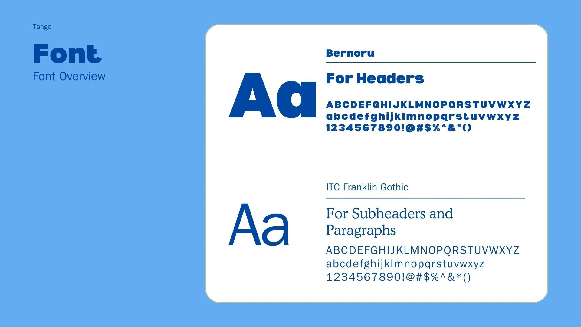 A digital font style overview showcasing the 'Bernoru' font for headers, displaying the font name in bold blue text with sample uppercase and lowercase alphabet, numbers, and symbols. It also features the 'ITC Franklin Gothic' font for subheaders and paragraphs, with sample text, uppercase and lowercase alphabet, numbers, and symbols, set against a light blue background.