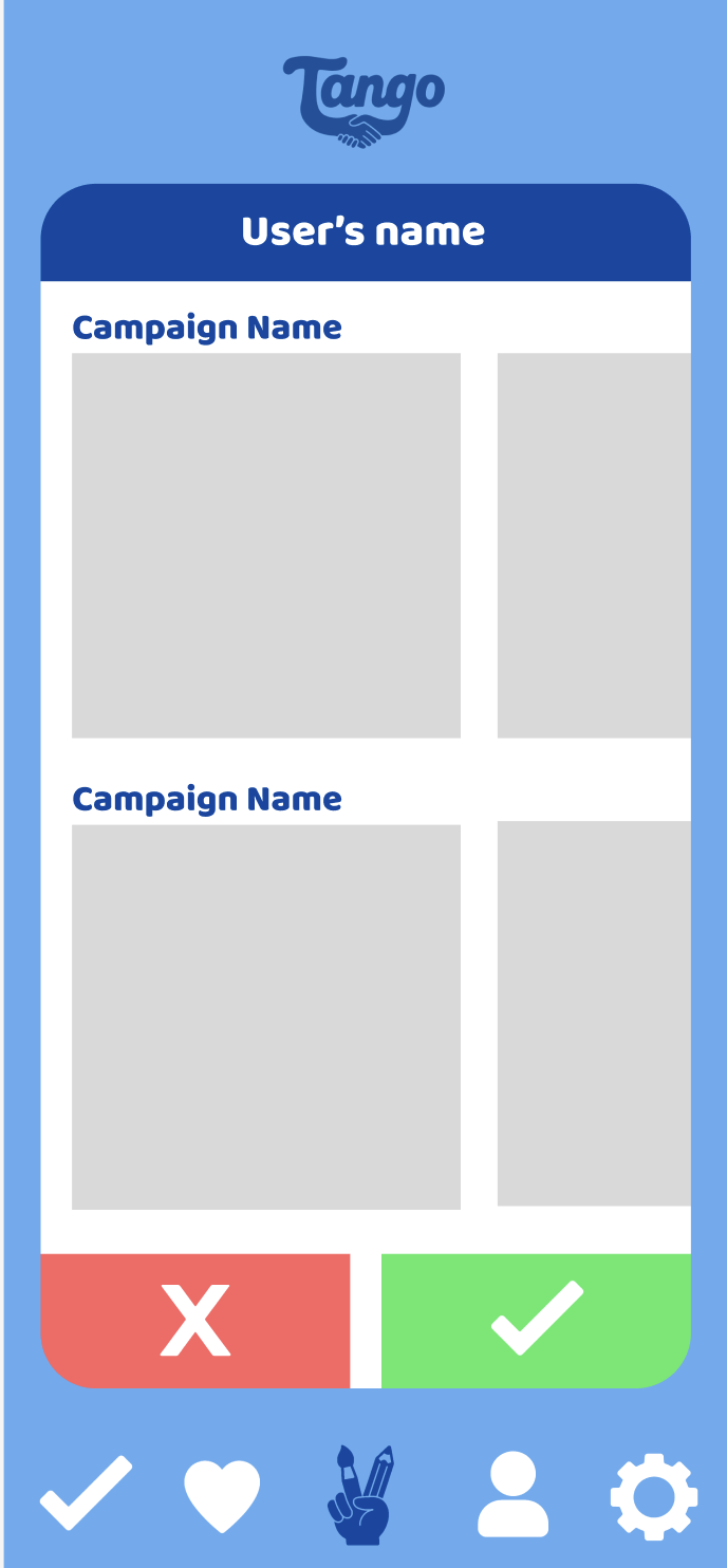 Mobile app interface for a campaign management app called Tango, displaying user’s name, two campaign options with placeholders for images or descriptions, and green checkmark and red cross buttons at the bottom for submitting or canceling.