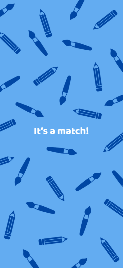 Pattern of blue fountain pens on a lighter blue background with the text "It's a match!" in the center.