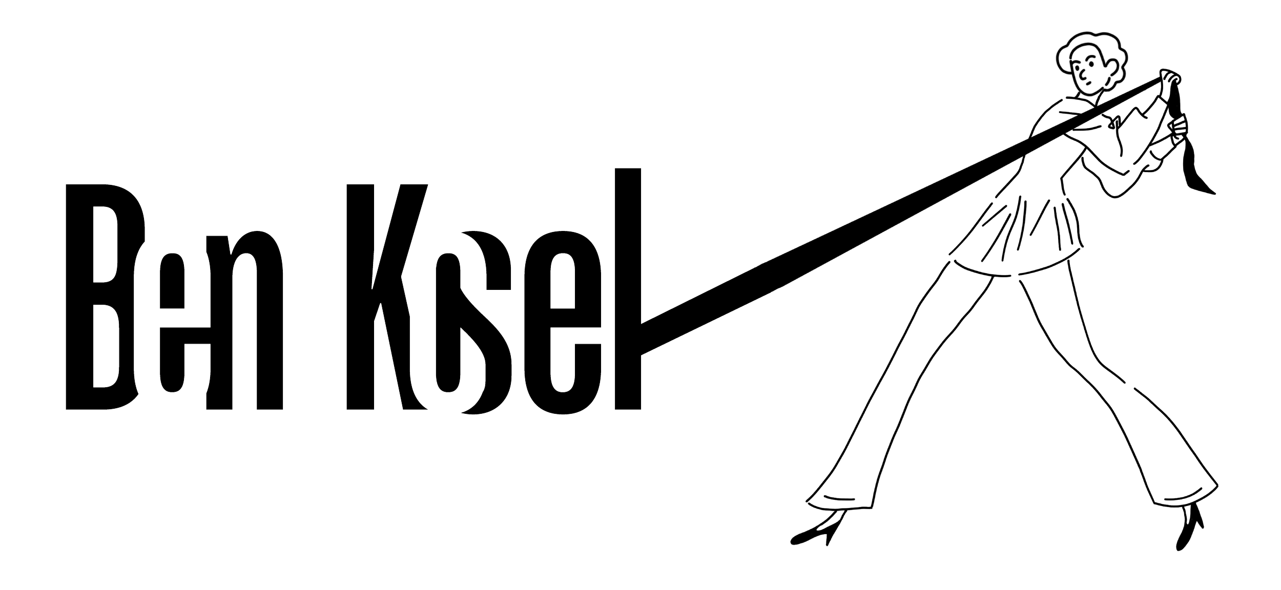 Line drawing of a woman in retro style playing a guitar, with the words "Ben Kise" in large text.