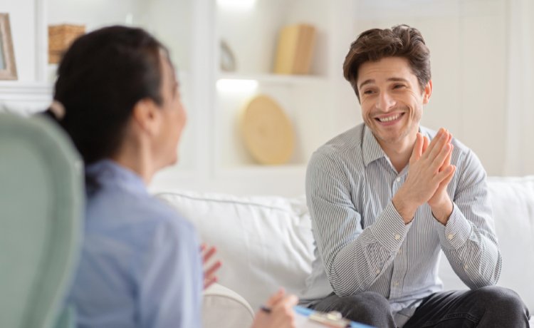 A male patient doing psychotherapy as part of OCD psychiatric treatment near Blue Diamond, Nevada.