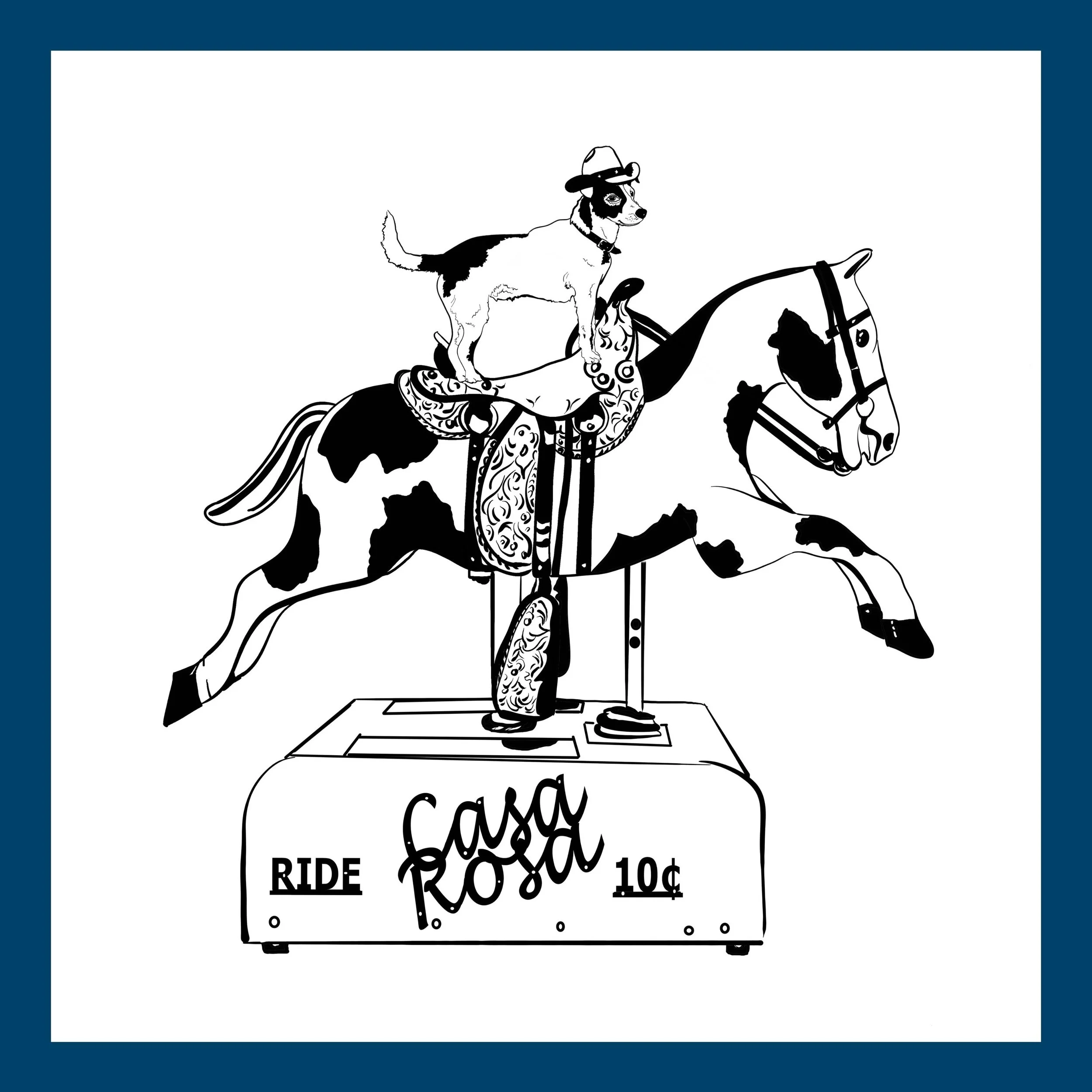 Black and white illustration of a dog riding a carousel horse. The carousel has a sign that reads 'Casa Rosa 10¢' and a label 'RIDE'.