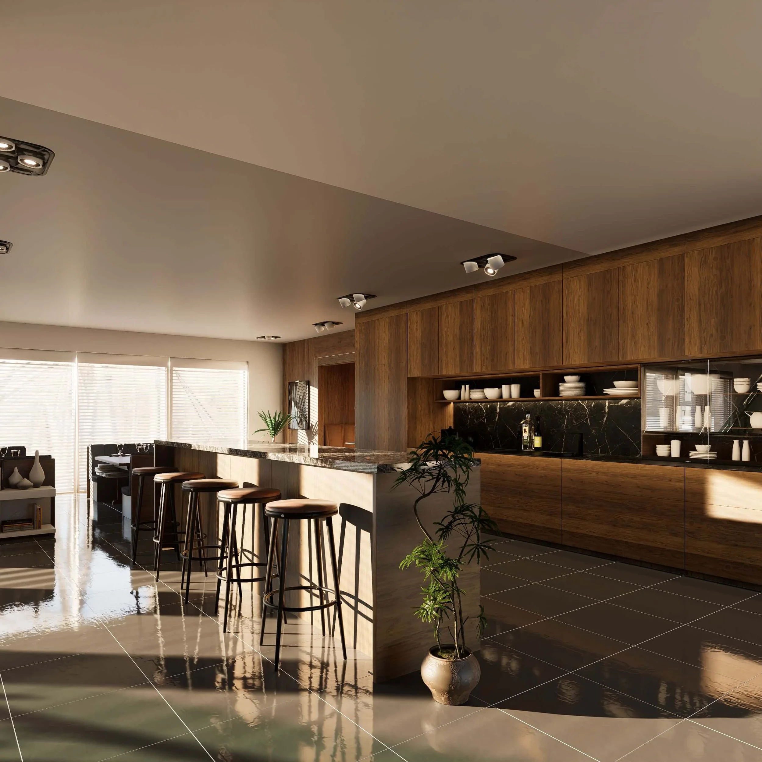 mid century modern kitchen interior with moody accents
