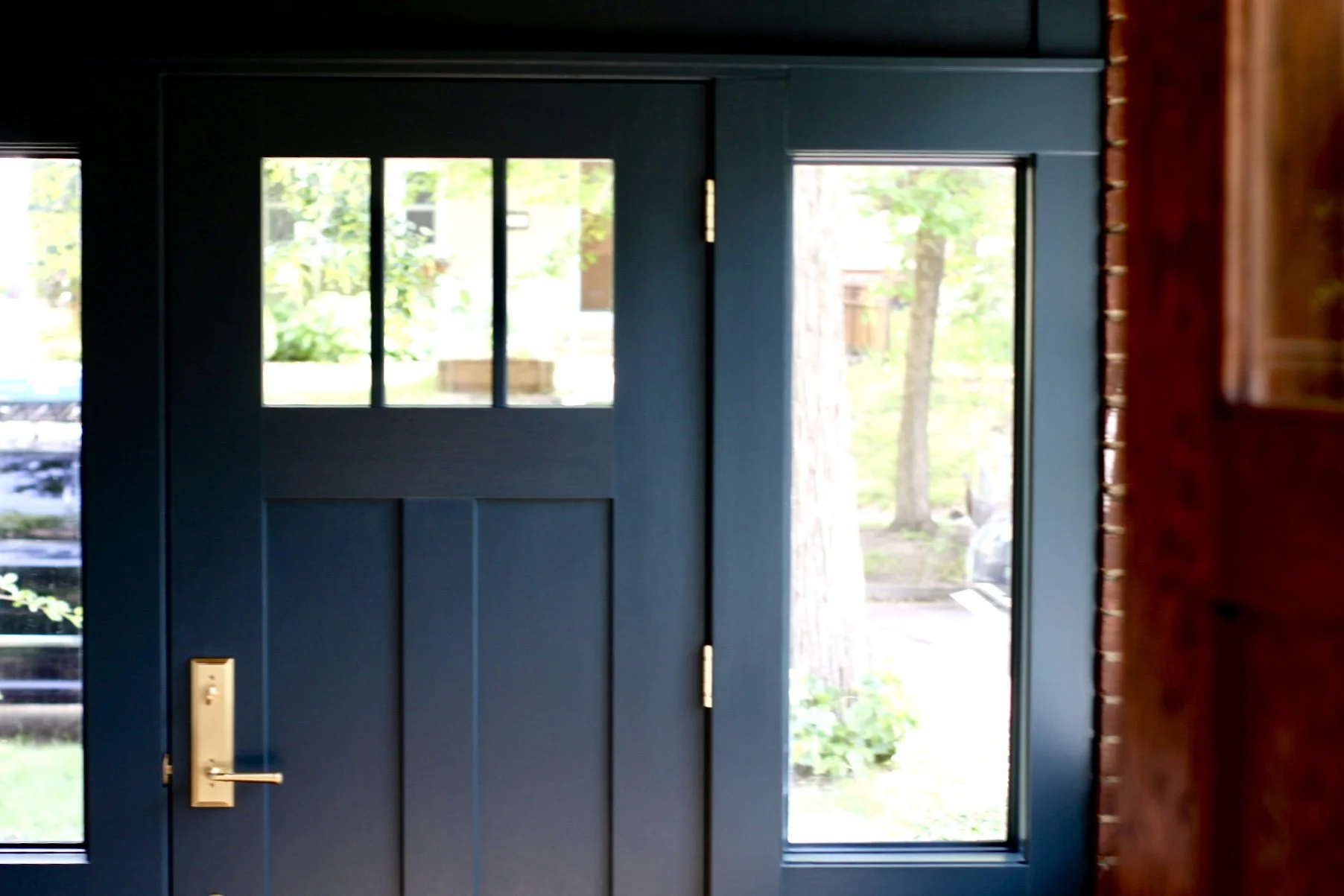 Interior look at custom built front door and windows