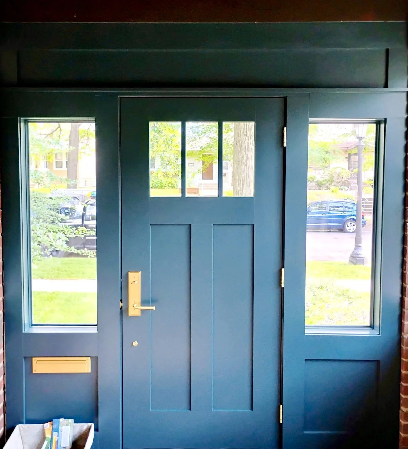 Interior view of custom front door and windows.