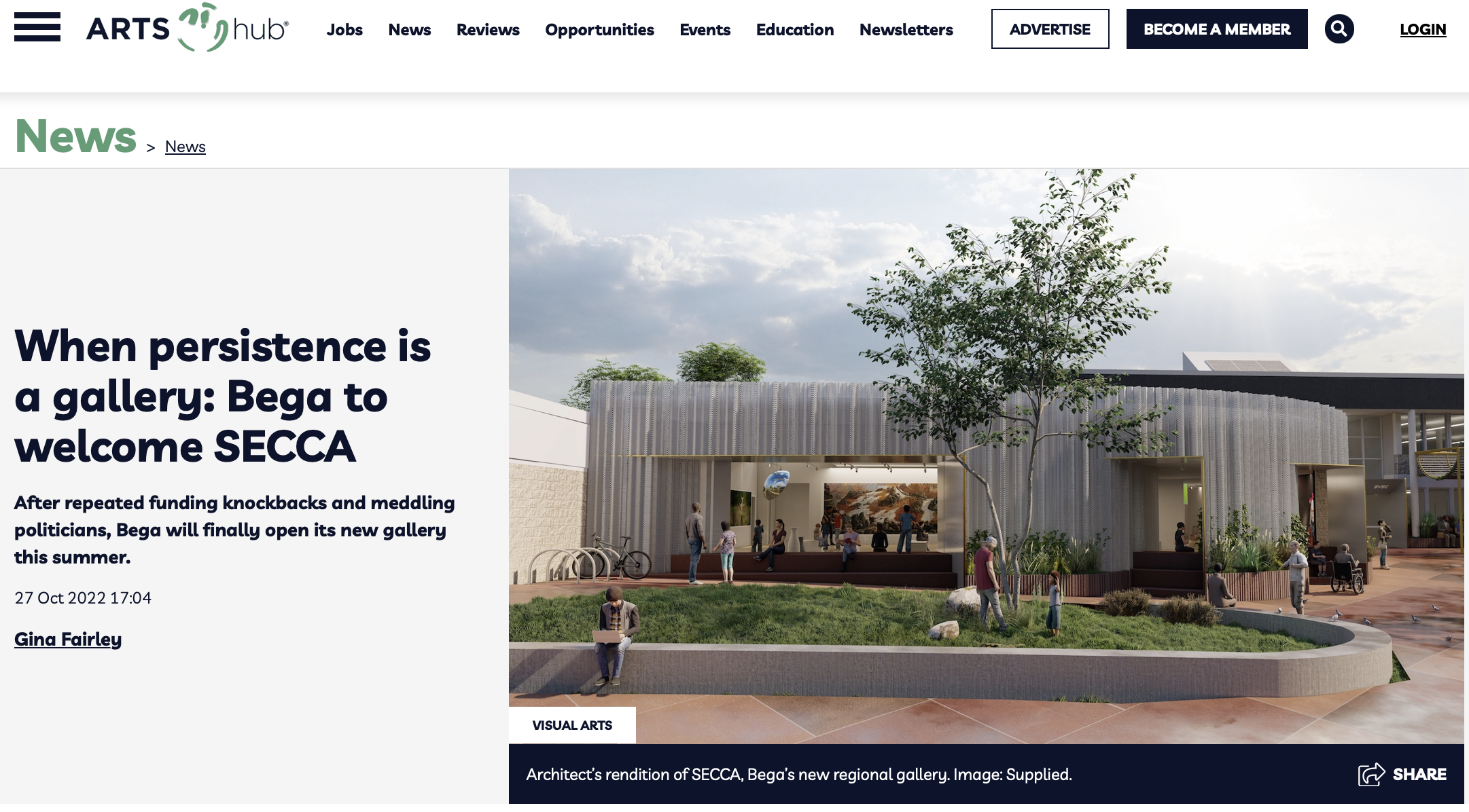 Architectural rendering of SECCA, Bega's new regional gallery, showing a modern building with large open entrance, people walking, sitting, and cycling outside, some trees, and a partly cloudy sky.