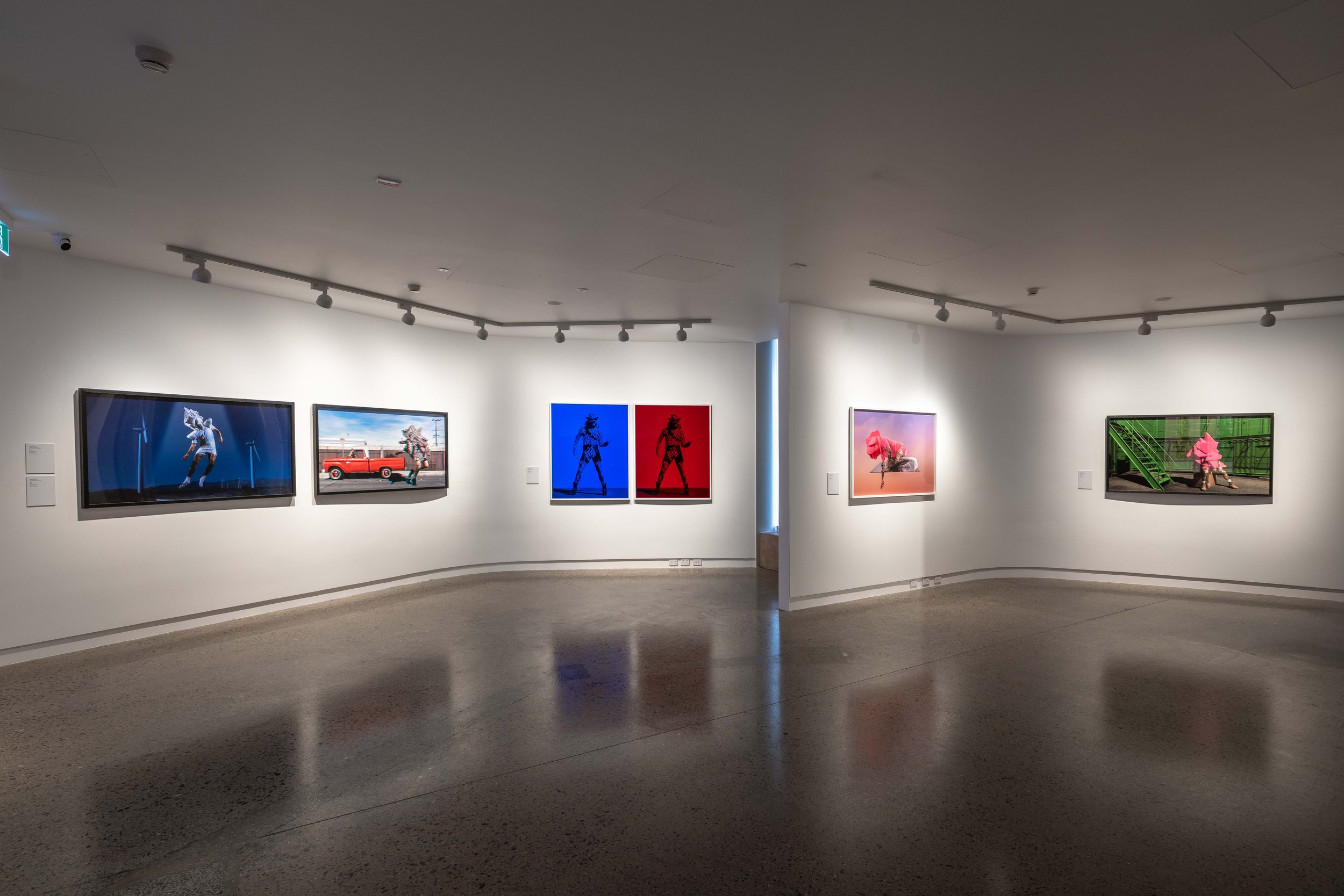 Interior of an art gallery with white walls displaying framed photographs. The gallery has spotlights on the ceiling and a curved wall design.