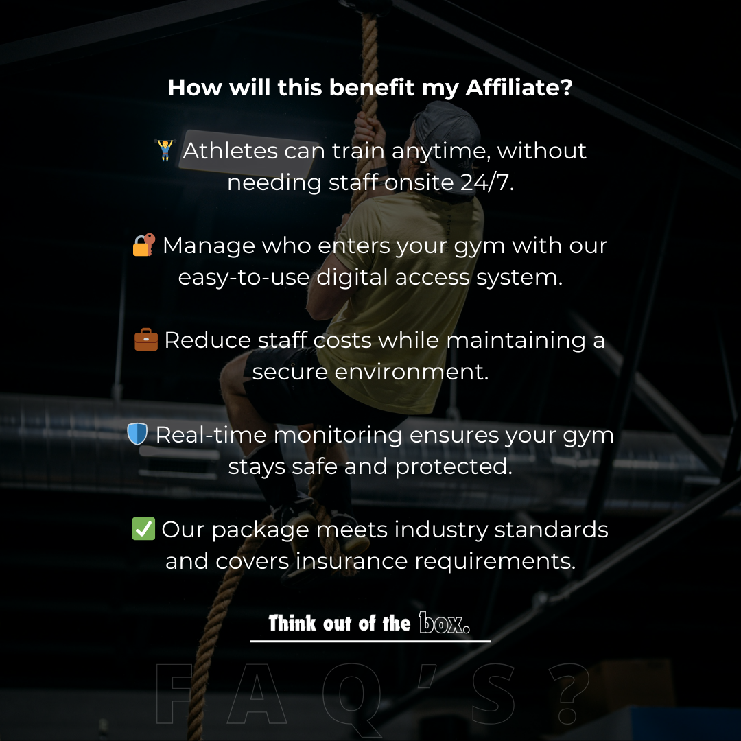 A person climbing a gym rope with overlay text describing benefits for affiliates, including 24/7 athlete access, digital access control, reduced staffing costs, real-time monitoring, and compliance with industry standards. Emphasizes thinking outsid