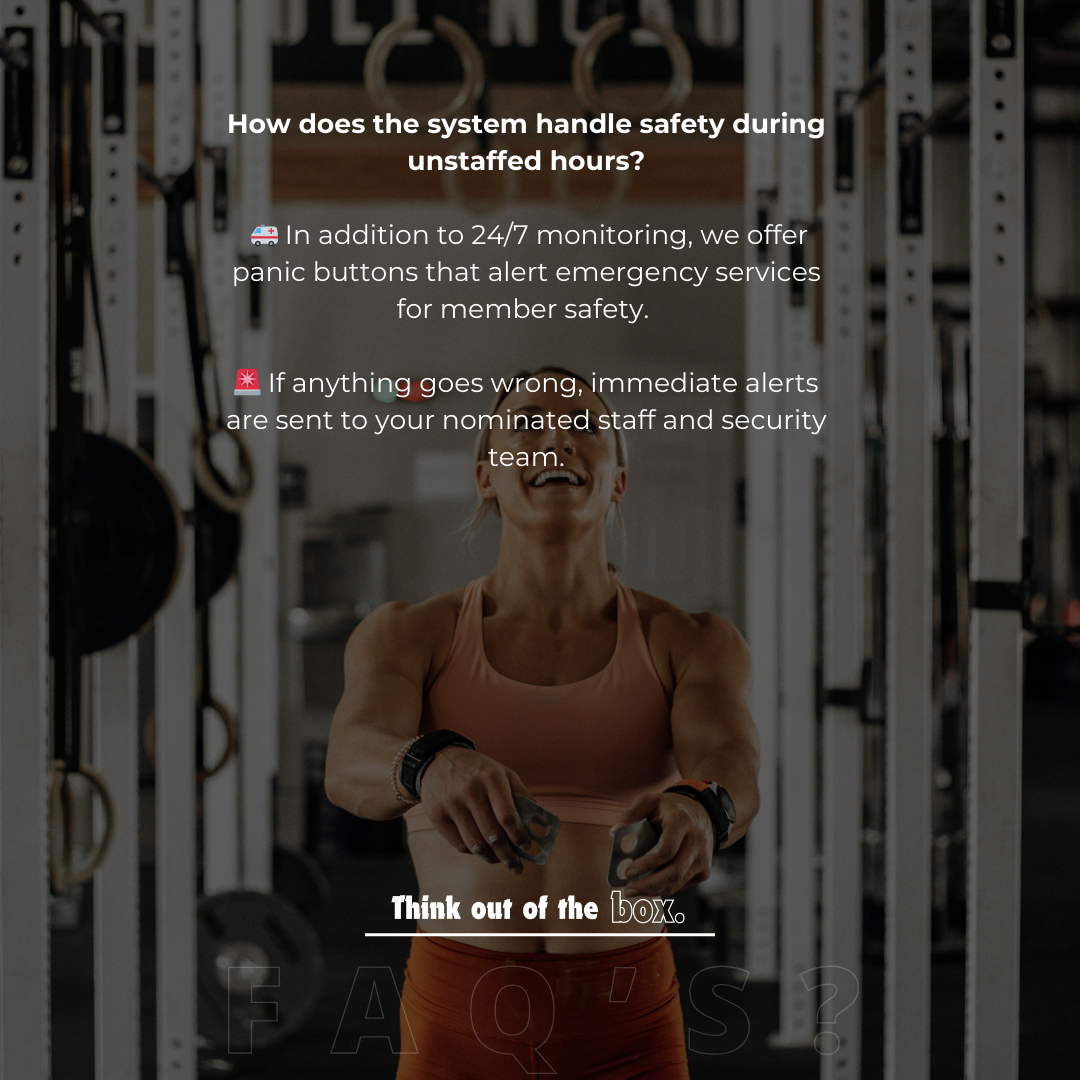 Gym interior with a focus on safety features including 24/7 monitoring and panic buttons for emergency alerts.