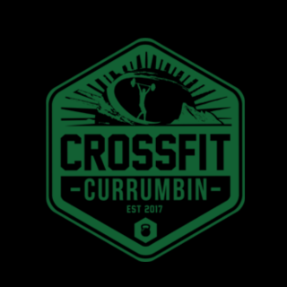 CrossFit Currumbin logo with green design on black background, includes a weightlifting figure and mountain graphics, est. 2017.