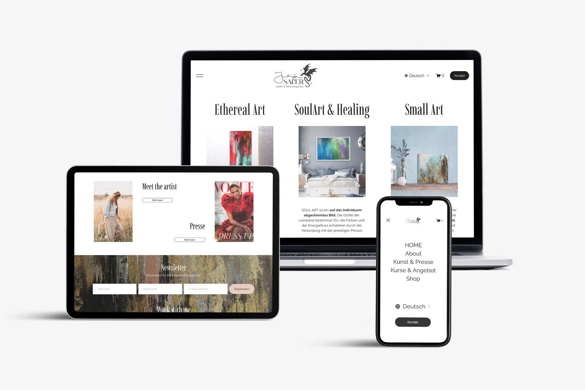 Screenshot einer Website auf mehreren Geräten inklusive Laptop, Tablet und Smartphone, die Kunst und kreativen Ausdruck zeigen, mit Kategorien wie Ethereal Art, SoulArt & Healing und Small Art.