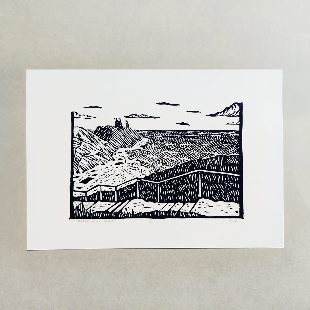 Travelahawk Beach Wicklow Town, Linocut Artwork