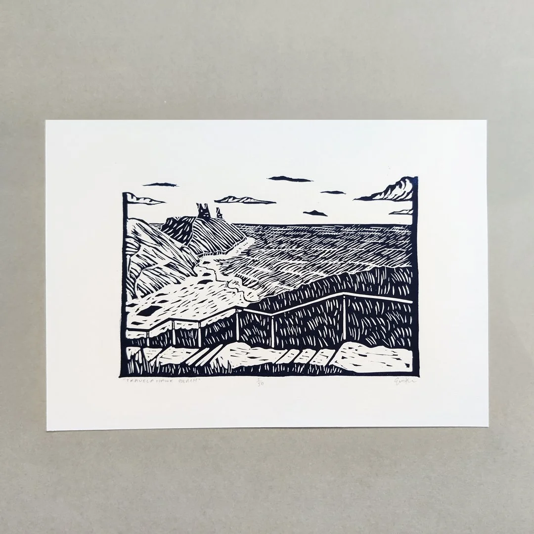  Travelahawk Beach and Black Castle, Wicklow Town Linocut Print 
 An original linocut print celebrating Travelahawk Beach and Black Castle, Wicklow Town, Ireland – a place cherished by history enthusiasts and sea swimmers alike. This artwork has been