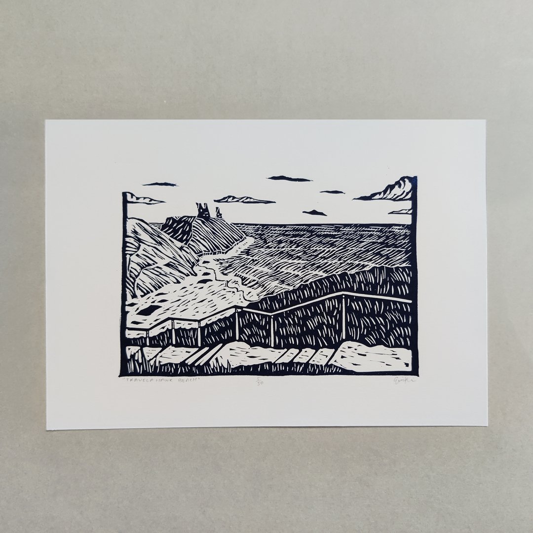 Travelahawk Beach Wicklow Town, Linocut Artwork