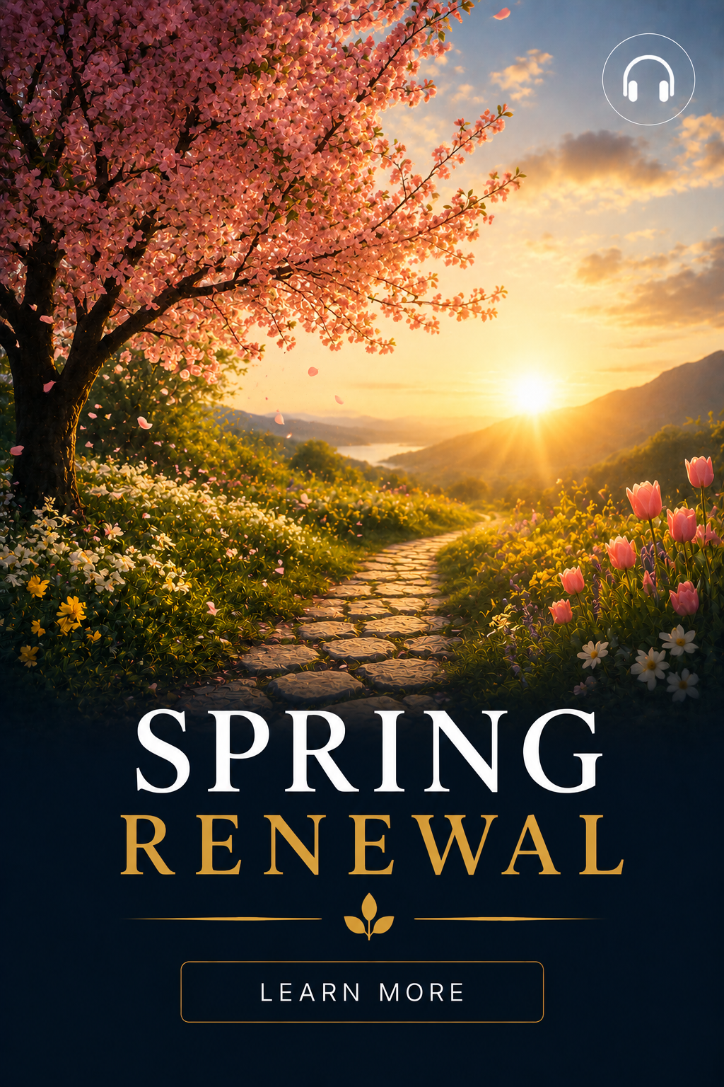 Spring landscape with a pink flowering tree, a stone path, and blooming flowers at sunrise.