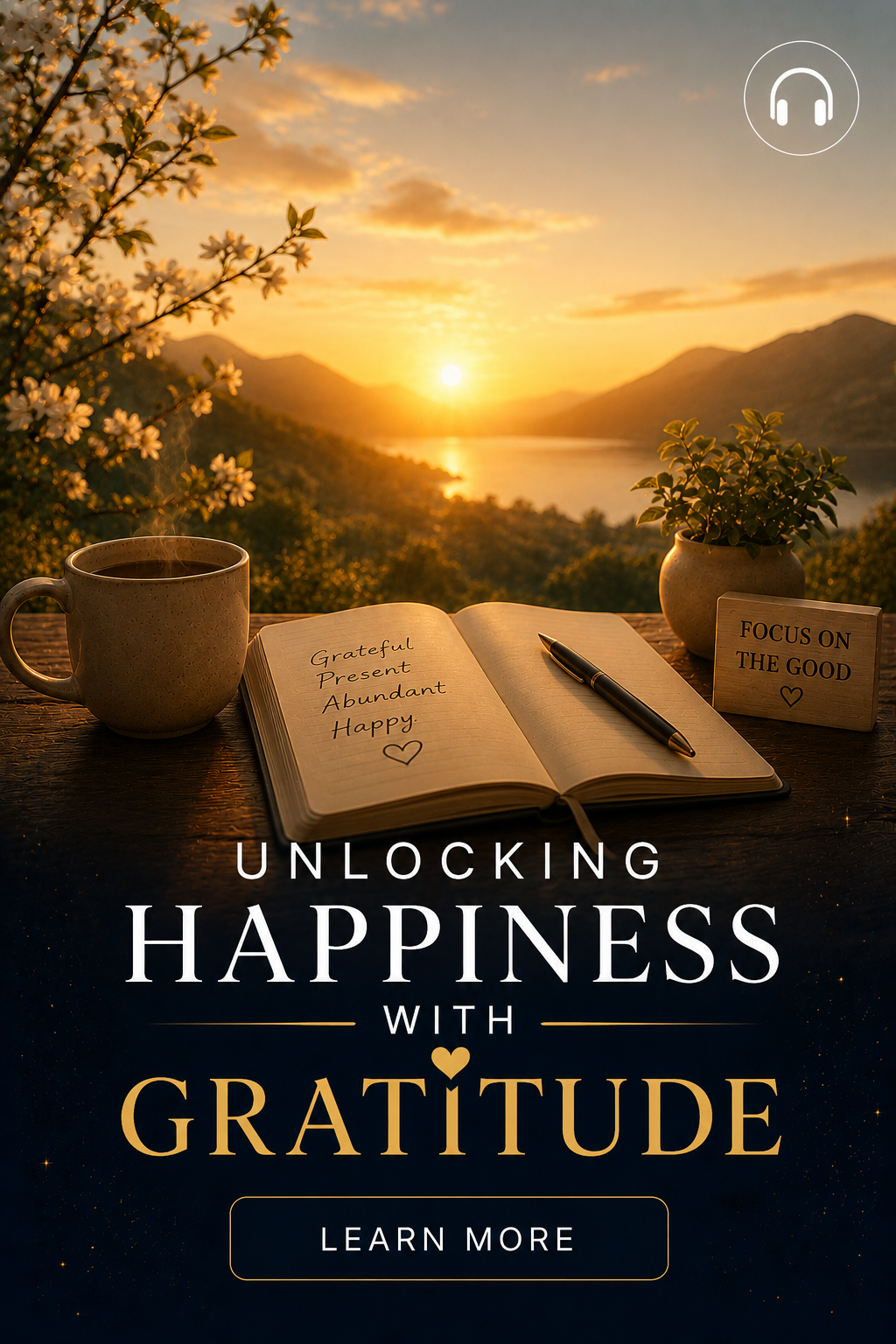 A sunset over a river with mountains in the background, viewed from a wooden table holding a steaming cup of coffee, an open notebook with the words "Grateful Present Abundant Happy" and a pen, a potted plant, and a sign that says "Focus on the Good."