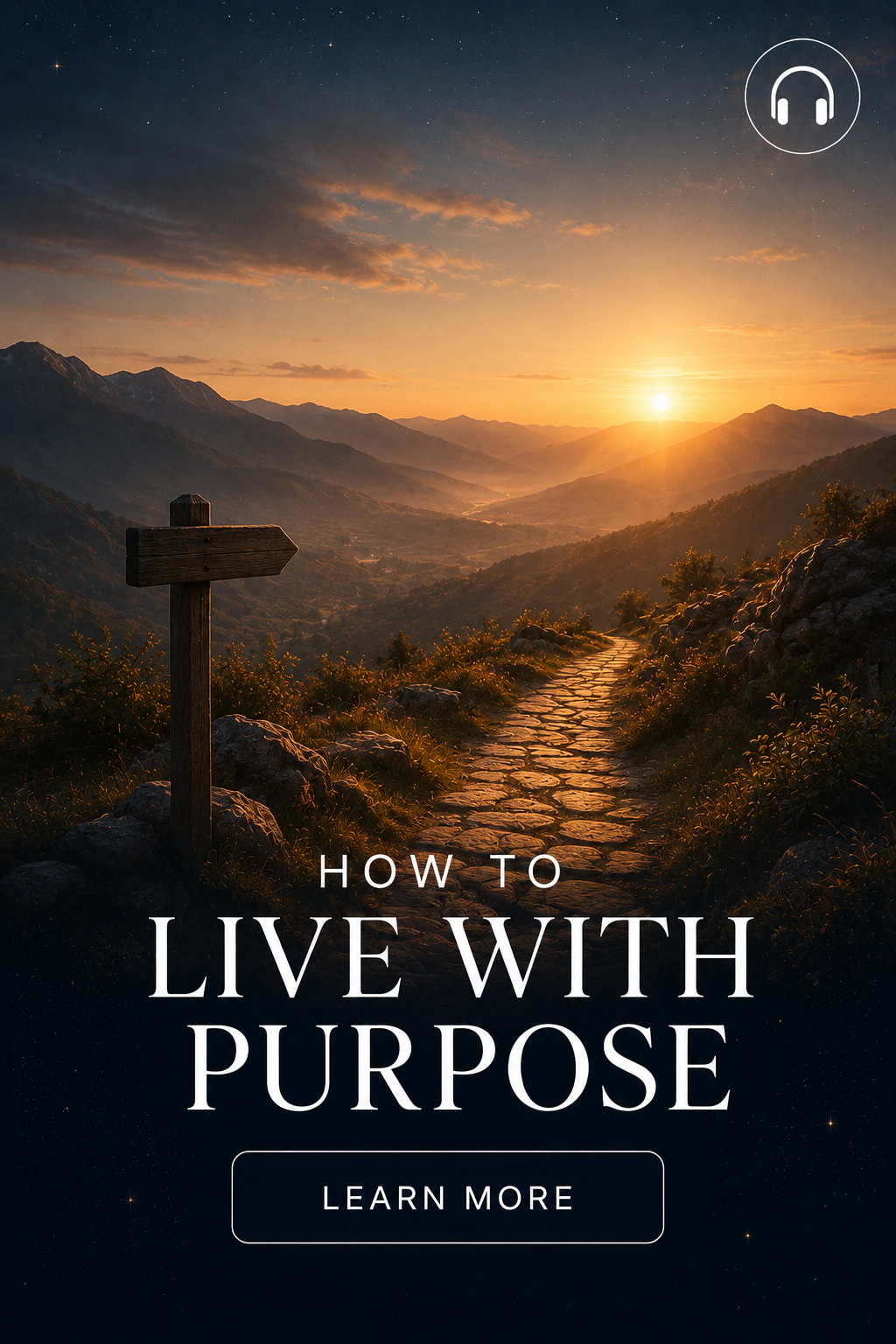 Sunset over mountains with a stone path and a wooden sign, and a "Learn More" button at the bottom.