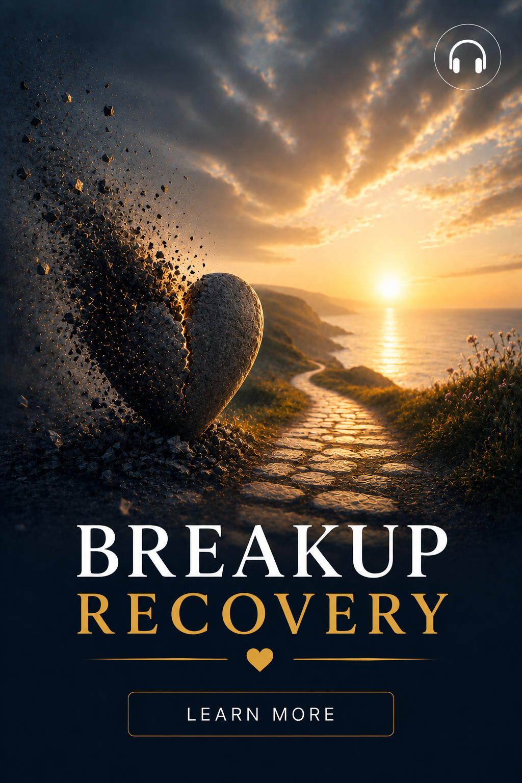 A sunset over a coastal path with a large heart-shaped stone and swirling shower of small rocks on the left side of the image. The text reads 'Breakup Recovery' with a heart symbol and a 'Learn More' button.