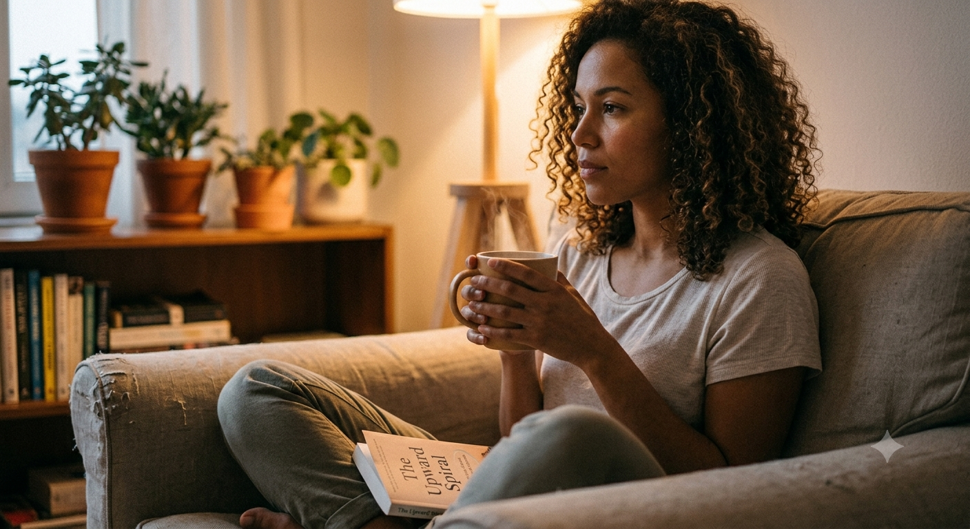 woman sad coffee cup book on a sofa