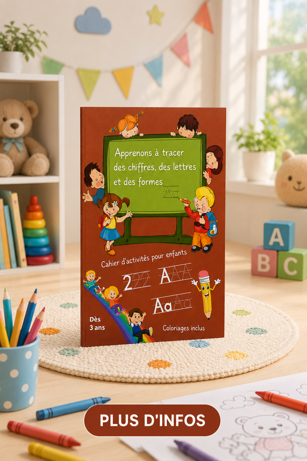 A children's activity book titled 'Apprenons à tracer des chiffres, des lettres et des formes' standing on a table in a colorful classroom setting with toys, books, and paper with drawings.