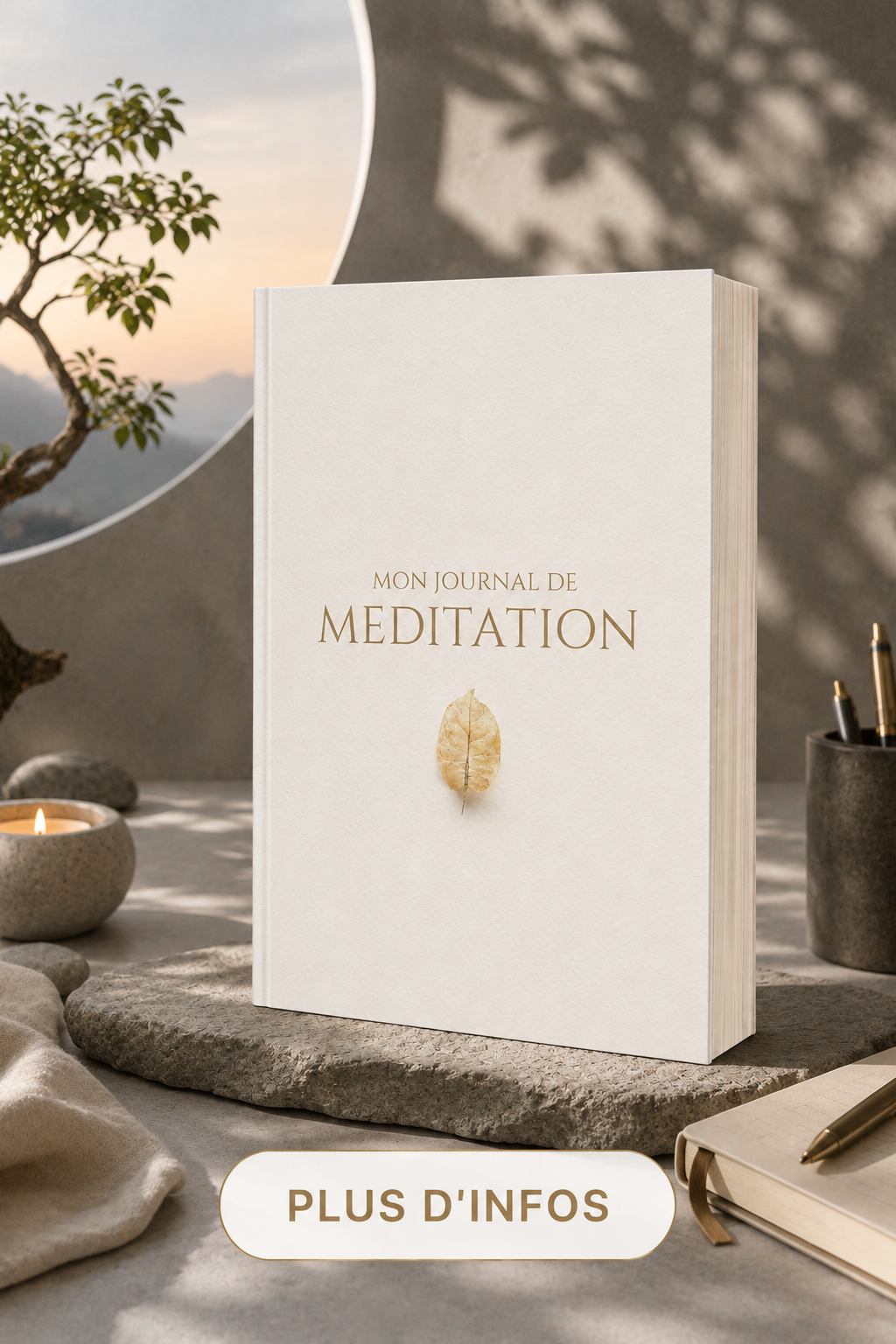 A white journal titled 'Mon Journal de Meditation' with a dried leaf on the cover, placed on a stone surface outdoors with a small candle, notebook, and pen nearby, and a background of a tree branch and mountains.