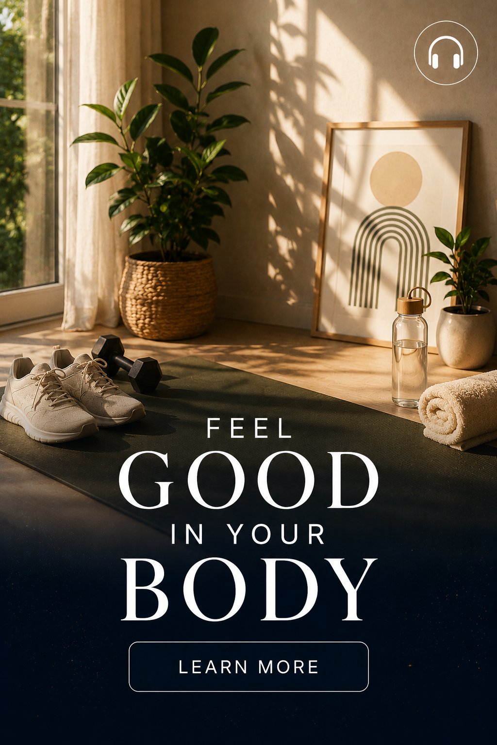A home gym setup with white sneakers, a dumbbell, a water bottle, a rolled towel on a workout mat near a window with sunlight, potted plants, and a framed abstract art piece on the wall.