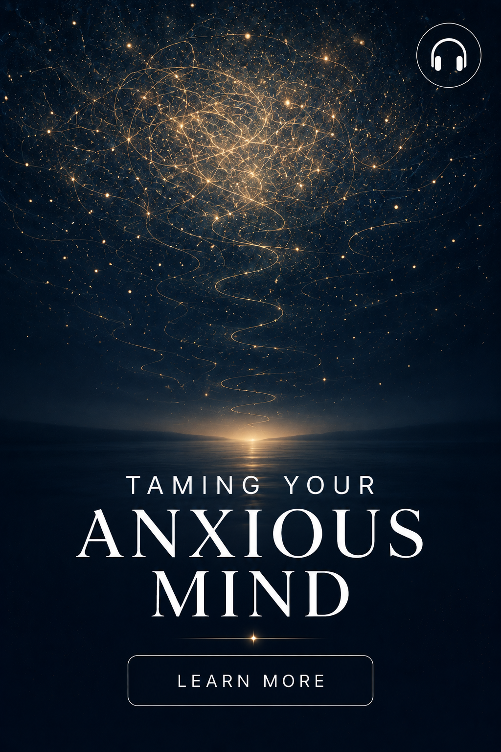 A digital artwork depicting a starry night sky with swirling light trails extending downward over a calm body of water. The image promotes a guide titled "Taming Your Anxious Mind" with a "Learn More" button.