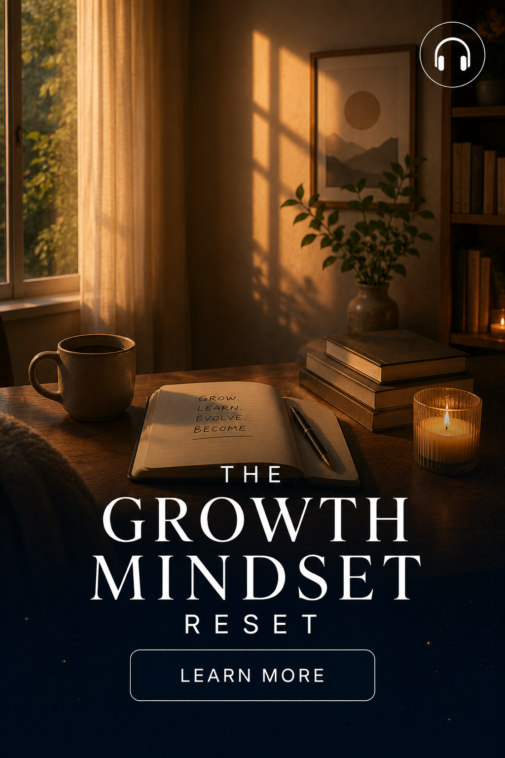 A cozy room with a wooden table holding a lit candle, a gray coffee mug, an open notebook with handwritten words 'GROW. LEARN. EVOLVE. BECOME.', a pen, and a stack of books. Sunlight streams through a window with beige curtains, and a framed artwork and a potted plant are visible in the background. The image contains text promoting "The Growth Mindset Reset" and a "Learn More" button.