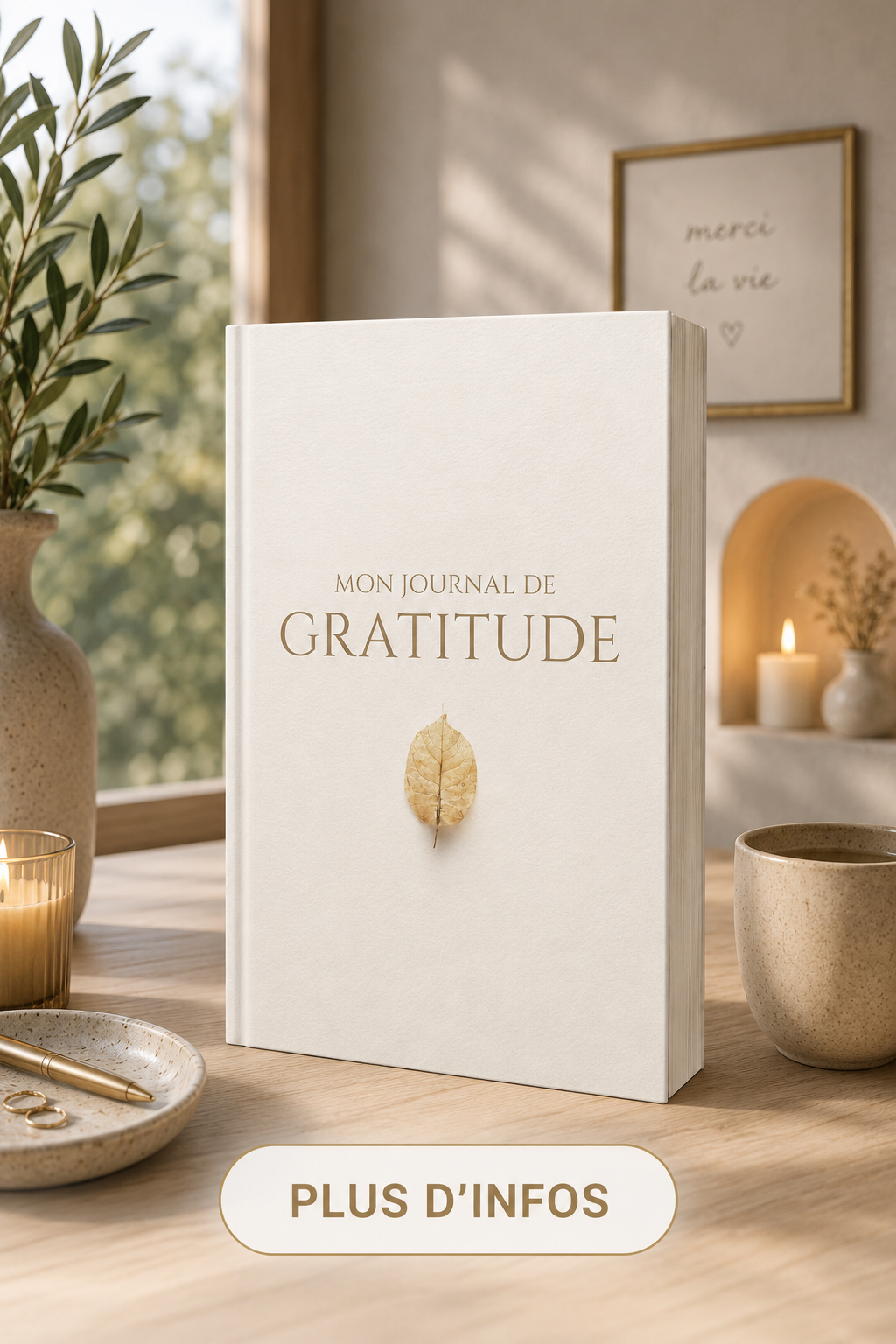 A gratitude journal titled 'Mon Journal De Gratitude' with a dried leaf on the cover, placed on a wooden table surrounded by candles, a mug, a pen, and a dish, in a cozy, decorated room with framed artwork and a window showing trees outside.