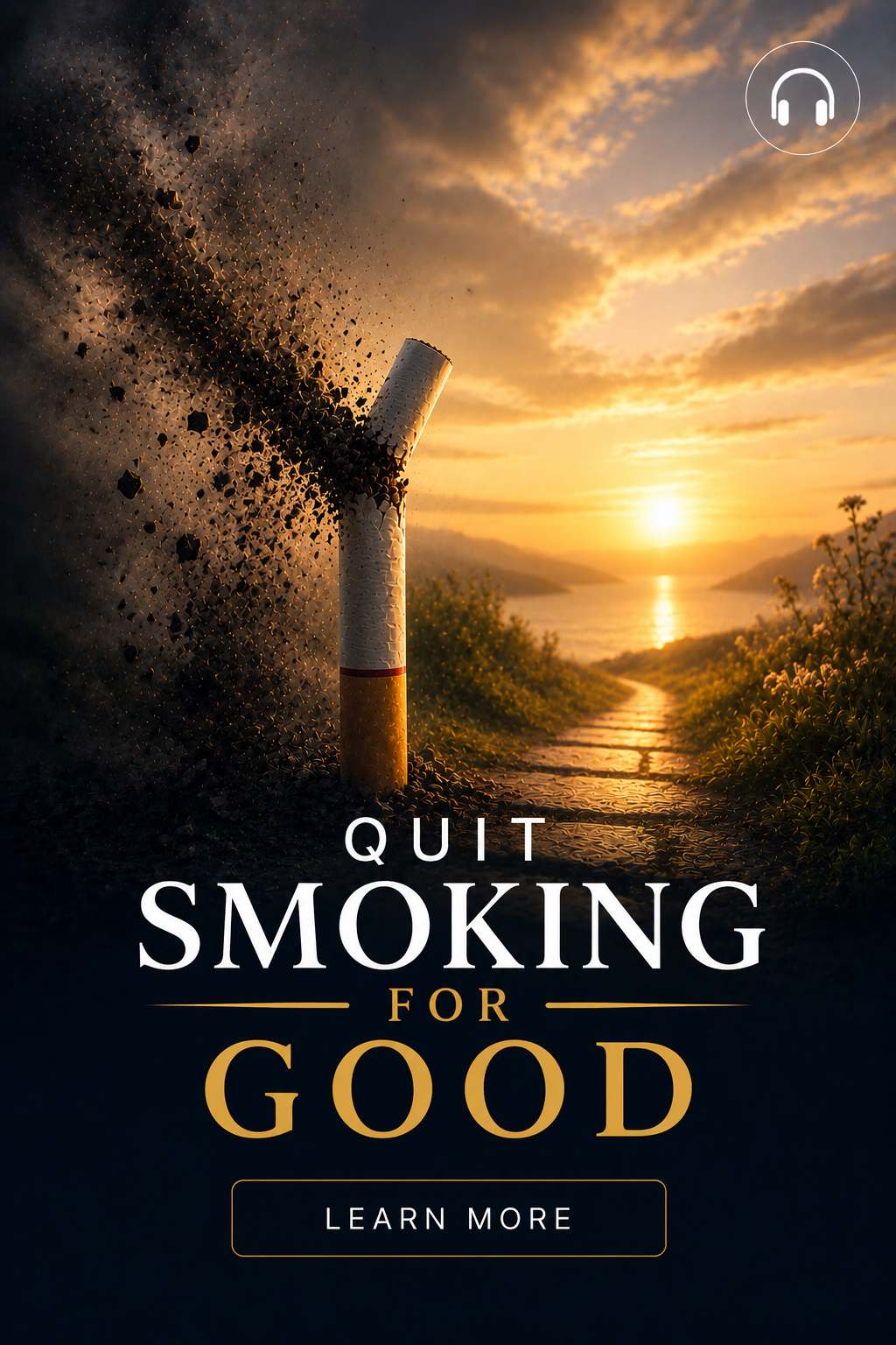 A cigarette butt is burning and disintegrating into ash next to a pathway leading to a river or lake at sunset, with a sky filled with clouds.